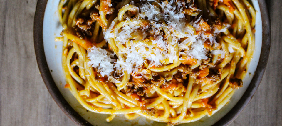 Bolognese on spaghetti