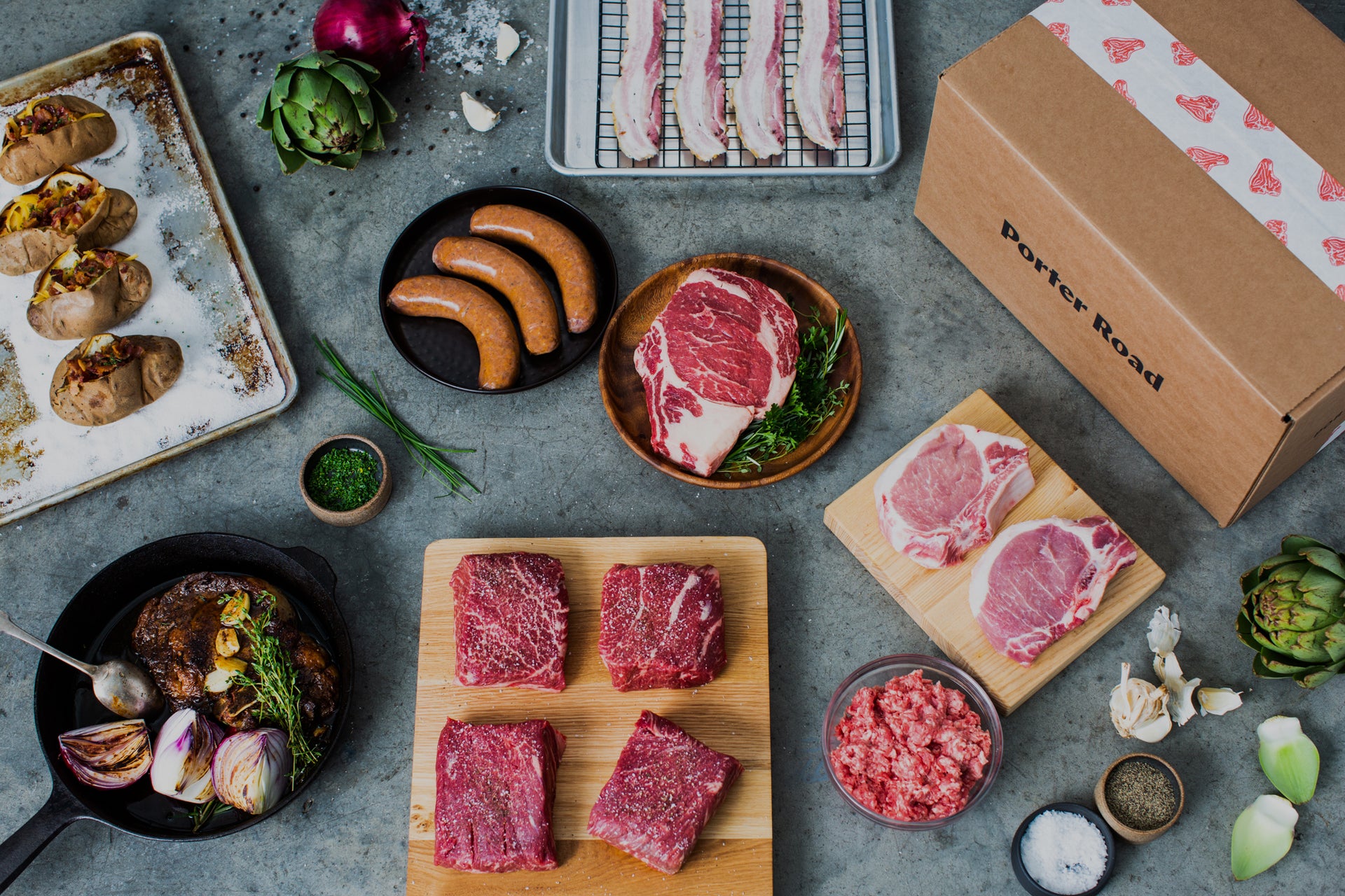 Porter Road meat cuts and box overhead view